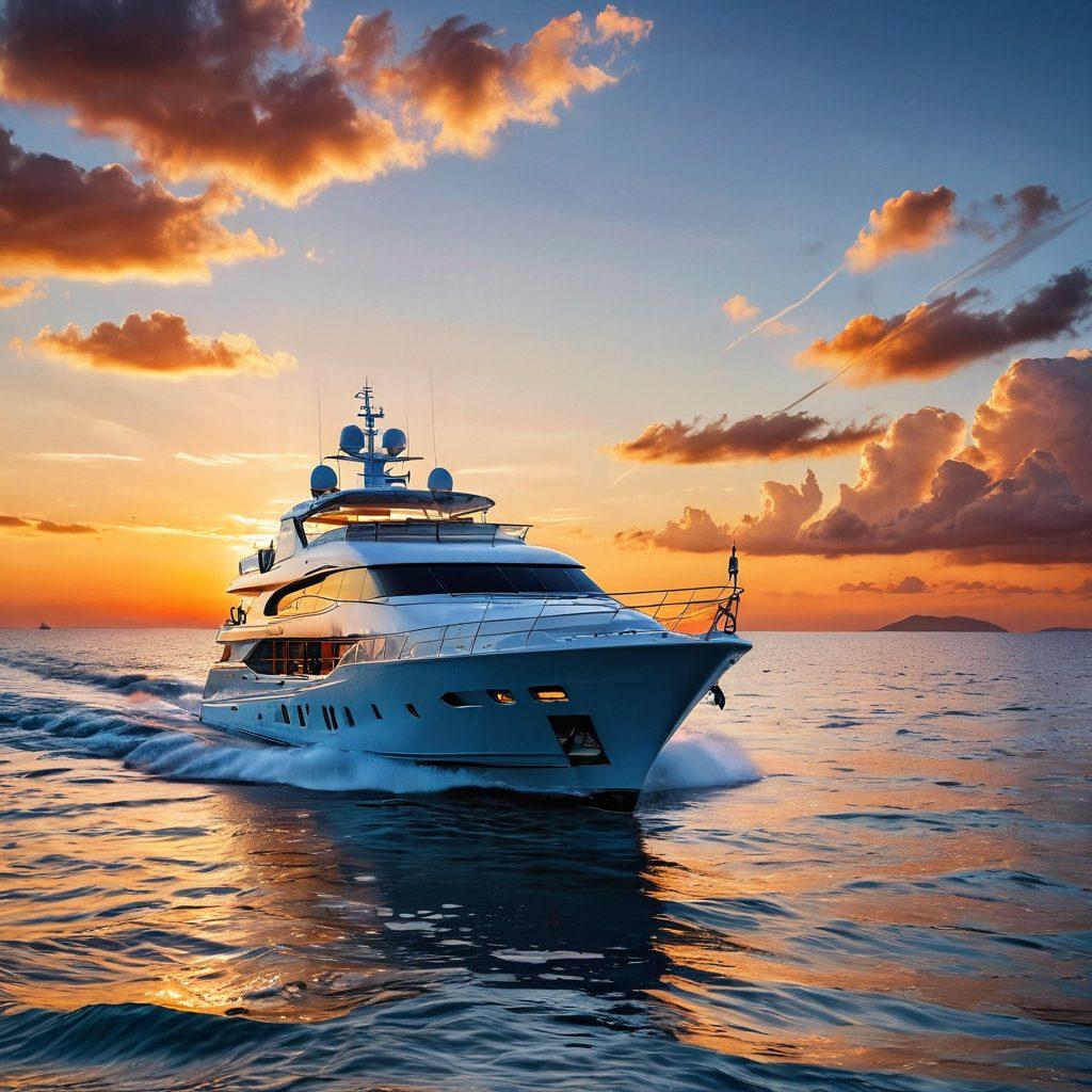A striking image of a luxurious yacht navigating through calm blue waters, with an abstract representation of insurance policies and graphs swirling around it, symbolizing protection and financial awareness. Include elements like a compass and a mixture of adventure and caution, to highlight the theme of mastering insurance. The sky should exhibit a beautiful sunset, blending warm colors with cool tones for a dramatic effect. super-realistic. vibrant colors. 3D.