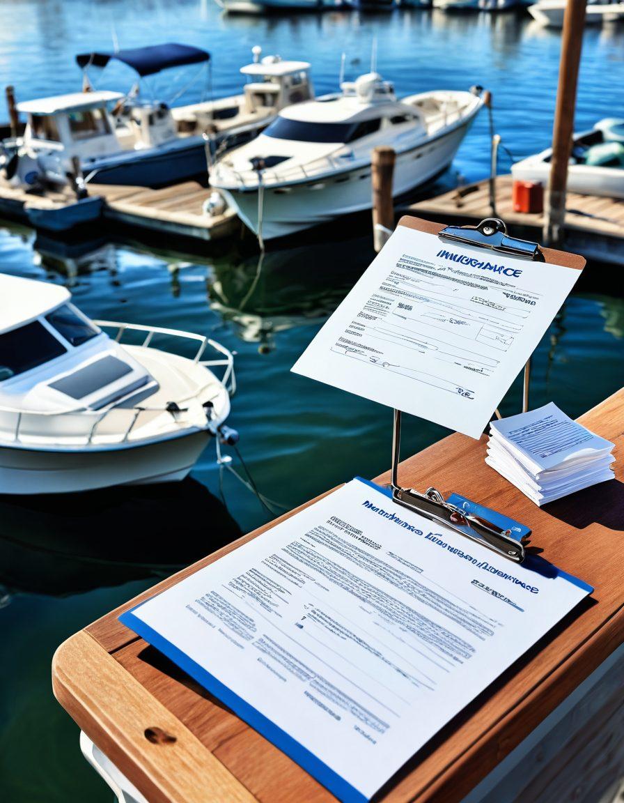 A serene marina scene featuring a variety of boats at dock, with a close-up on a clipboard displaying maritime insurance documents in the foreground. The waves gently ripple under a clear blue sky, hinting at tranquility amidst the complexities of maritime insurance. Include subtle nautical elements like a life preserver and compass in the background. super-realistic. vibrant colors. 3D.