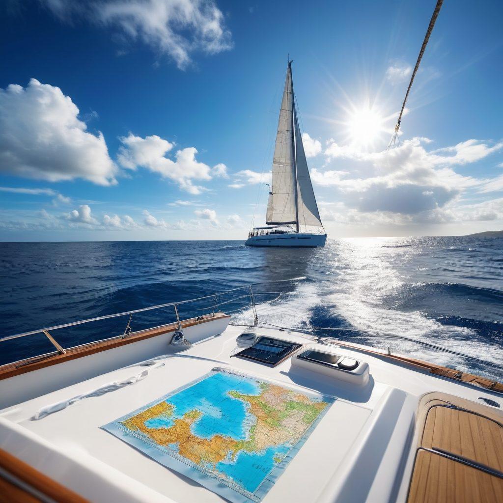 A serene ocean scene with a sleek yacht sailing through clear blue waters, surrounded by gentle waves and fluffy clouds. The yacht is equipped with safety gear and has a sense of adventure, showcasing a diverse group of sailors discussing yacht insurance over a map. Include nautical elements like a compass and ropes in the foreground. The lighting is warm and inviting, emphasizing a sense of exploration. super-realistic. vibrant colors.